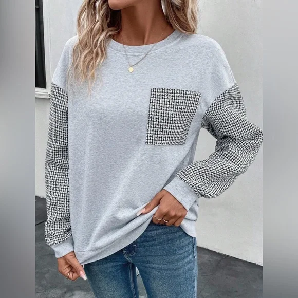 SHEIN- Houndstooth print drop Shoulder Sweatshirt - black / grey - size M - Picture 12 of 12